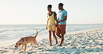 Couple, dog and beach for holiday, walk and play with labrador for care, love and holding hands on sand. People, African man and black woman by sea, ocean and relax in summer for vacation in Kenya