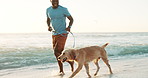 Black man, beach and running with dog for fitness, health and wellness in training or exercise. Sunrise, smile or happy African person with pet labrador outdoors for workout or jog on sand at sea