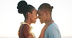 Couple, forehead and love in embrace at sunset, security and happy for commitment in marriage. Black people, romance and hugging or care in relationship, outdoors and partnership or trust in nature