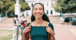 Woman, student and face on college or campus for education, learning and travel with smile, confidence and ready. Portrait of young, African person outdoor for university commute, park or scholarship