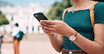 Hands, phone and person typing outdoor, student on campus with communication and browsing. Chat, internet search and closeup with contact online for social media, college email or text on mobile app