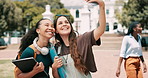 University, friends and women for selfie on campus for learning, education and studying at school. College, academy and happy students take profile picture for social media, online post and memory