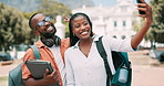 University, friends and students smile for selfie on campus for learning, education and studying. College, academy and happy man and woman take picture for social media, online post and memory