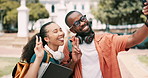 University, friends and students with peace sign for selfie on campus for learning, education and studying. College, academy and man and woman take picture for social media, online post and memory