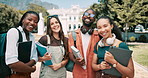 Students, friends and face on college or campus for education and happy learning with backpack ready to study. Portrait of young group of people outdoor, park or university knowledge and scholarship