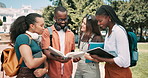 Textbook, discussion and students studying in outdoor park for university test, project or exam. Diversity, education and young friends reading information in research manual together at college.