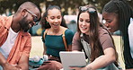 Tablet, education and student friends outdoor on college campus to study for exam or test together. Technology, learning or university scholarship with group of happy young people on field of grass