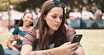 Woman, smartphone and typing outdoor, communication and contact on campus with student and mobile app. Internet search, chat and browse university website, online or digital connection with tech