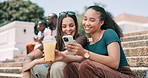 Students, friends and phone for campus communication, social media and relax with smoothie drink for chat. Young women on college or university stairs outdoor on mobile, juice and happy conversation