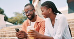 Phone, coffee and break with student friends on campus for app, social media or study research. School, college or university with man and woman student outdoor on steps for academy scholarship
