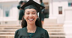 Face, smile and graduation with student woman at celebration event for university or college success. Portrait, education and milestone with happy young graduate on campus for academy ceremony