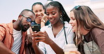 Students, group friends and phone on campus communication, social media and talking of study break. Young people laughing on mobile chat, conversation and reading website, college or university email