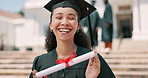 Education, graduation and future with black woman student at university event for milestone celebration. Portrait, smile for success and graduate with certificate on campus for growth or achievement