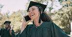Graduation, woman and happy with phone call at college for announcement, achievement and communication. University student, person and excited with discussion on smartphone for success and education
