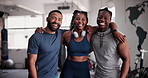 Face, group of people and gym fitness or workout with health, support and hug for accountability or happy exercise. Portrait of team, friends or personal trainer for membership and sports training
