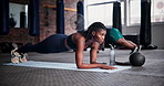 Black woman, plank and fitness at gym for exercise, workout or abnormal training on floor mat. Young African female person or athlete in core strength, ab muscle or balance in health and wellness