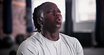 Tired, breathing and black man with fatigue, sweating and exercise with workout and progress with hobby. Exhausted, wellness center and African person relax after intense training and health goals