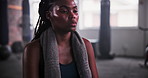 Gym, workout or black woman with fitness break, towel or sweating from intense training performance. Sports, burnout or African lady athlete frustrated with progress fail, mistake or workout disaster