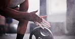 Man, hands and clapping chalk in weightlifting, grip or getting ready for workout, exercise or training, Closeup of active muscular male person or bodybuilder hitting powder for barbell preparation