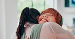 Face, smile and hug with LGBT couple in living room of home together for love, romance or bonding. Trust, gay or lesbian with asian woman embracing relationship partner in apartment for support