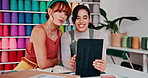Tablet, selfie and design with women in studio for art, creative or fashion planning together. Design, small business and startup with designer partnership in textile workplace for profile picture