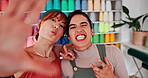 Happy couple, funny and face for selfie with peace sign, goofy and bonding for love in textile store. Lesbian, women and portrait with emoji indoor, care and committed in healthy relationship in shop