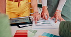 Business, hands and creative with document for brainstorming or planning textile orders with color palette. Entrepreneur, employees and technology or paper for startup collaboration on project design