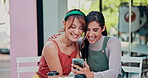 Cafe, phone and happy lgbt women embrace at table, reading social media meme and laughing. Smile, smartphone and lesbian couple hug at sidewalk coffee shop checking travel blog, web post or memory.