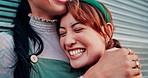 Lesbian women, hug and love in street with laughing, funny joke or happy memory in closeup with bonding. Girl, LGBTQ people and couple with embrace, smile and comic conversation on urban sidewalk