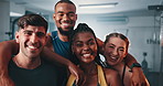 Gym group, face and friends happy for fitness club, bodybuilding or exercise for sports commitment. Happiness, portrait and team of athlete ready for community training, activity or workout routine