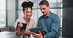 Happy people, business and tablet for research, social media or communication together at office. Young businessman and woman smile with technology for online chatting, texting or search at workplace