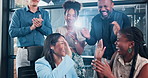 Business people, applause and high five in teamwork for celebration, bonus or promotion at office. Group of excited employees smile and clapping in success for good news or achievement at workplace