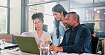 Business, people and laptop with documents in teamwork, planning or collaboration at office. Businessman and woman with paperwork or computer for strategy, project or brainstorming at workplace