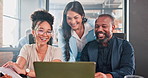 Happy, business and people on laptop with documents in teamwork, planning or collaboration at office. Businessman, woman and paperwork on computer for strategy, project or brainstorming at workplace