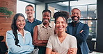 Diversity, leadership or face of happy business people with arms crossed in office for teamwork. Partnership, portrait or excited lawyer team together for collaboration, support or law firm growth