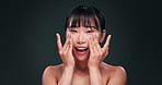 Skincare, cream and face of Asian woman in studio with collagen product, moisturizer and beauty routine. Dermatology, cosmetics and girl with facial lotion for anti aging benefits on dark background.