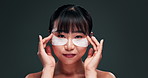 Asian, woman and eye mask, portrait and beauty with anti aging treatment, skincare and dermatology on grey background. Healthy skin, wellness and cosmetic product with patch, facial and moisturizer