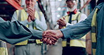 Shaking hands, agreement and team with people in logistics, warehouse staff and distribution partnership. Supply chain, shipping and courier company, meeting with employee handshake and applause