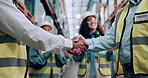 Handshake, agreement and partnership with people in logistics, warehouse staff and distribution team. Supply chain, shipping and courier company, meeting with employees shaking hands and applause