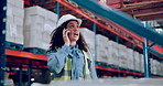 Woman, cellphone and storage warehouse or logistics shipping for supply chain, distribution or quality control. Female person, hardhat and product at factory or chat for delivery, cargo or inspection