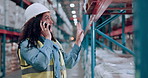 Woman, cellphone and warehouse management or logistics shipping for supply chain, distribution or quality control. Female person, worker and storage factory or chat for delivery, cargo or inspection