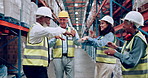 Warehouse, management and employee dancing for happy or storage inspection for supply chain, logistics or quality control. Colleagues, package and product distribution of stock, inventory or factory