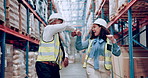 Warehouse, dancing and business people with cooperation, fist bump and happiness with bonus and promotion. Supply chain, man and woman with quality assurance or industry with employees or celebration