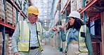 Warehouse, dancing and business people with teamwork, fist bump and happiness with bonus and promotion. Supply chain, man and woman with energy and industry with employees and celebration with stock