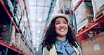 Woman, smile and warehouse for logistics, shipping business with pride and happy in export industry. Supply chain, distribution company and inspection at storage facility with boxes or package