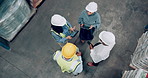 People, engineer and tablet in teamwork, supply chain or collaboration for storage management above. Top view of group, contractors or technicians in discussion with technology for quality control