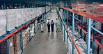 Shipping storage and shelves with warehouse people walking together for logistics, stock or inspection. Industry, delivery and supply chain with employee team working in plant for cargo distribution