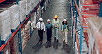 Shipping, supply chain and stock with warehouse people walking together for logistics, storage or inspection. Industry, delivery and shelves with employee team working in plant for cargo distribution