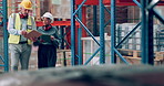 Man, woman and warehouse for inspection or delivery of product for quality assurance, distribution or logistics. Colleagues, checklist and teamwork in storage for ecommerce shipping, courier or cargo