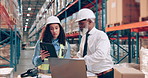 Team, engineer and planning on tablet in warehouse for distribution, shipping or stock. Conversation, people and warehouse supervisor with technology for inspection, storage or inventory management